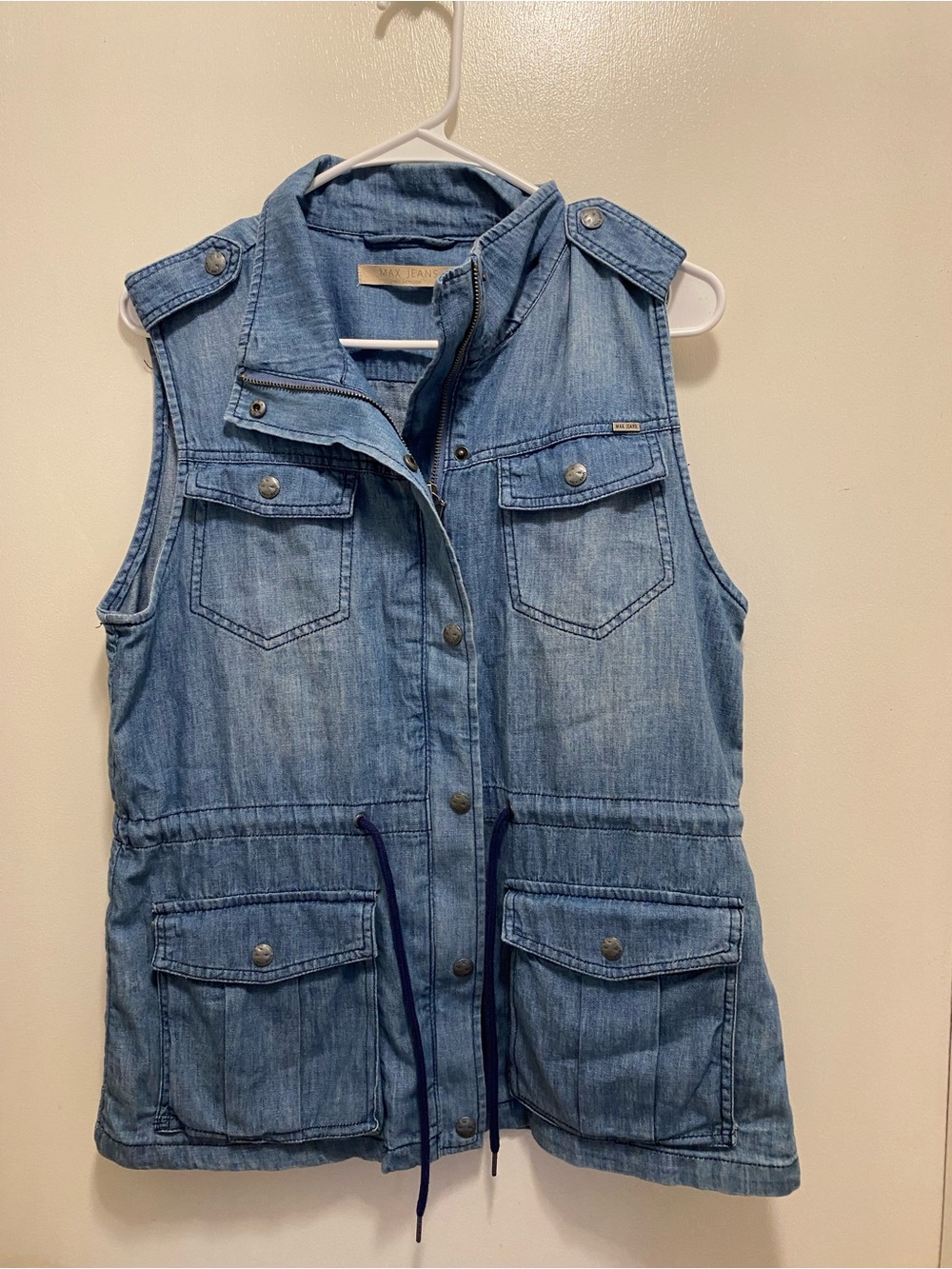 Max Jeans Light Blue Denim Utility Vest with Drawstring
